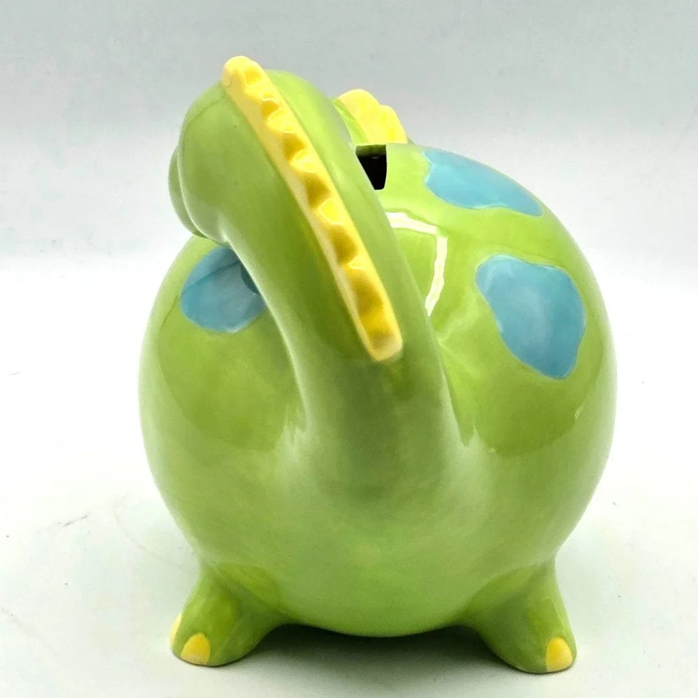 Long Neck Dinosaur Kids Coin Bank Lime Green  & Blue Removable Stopper